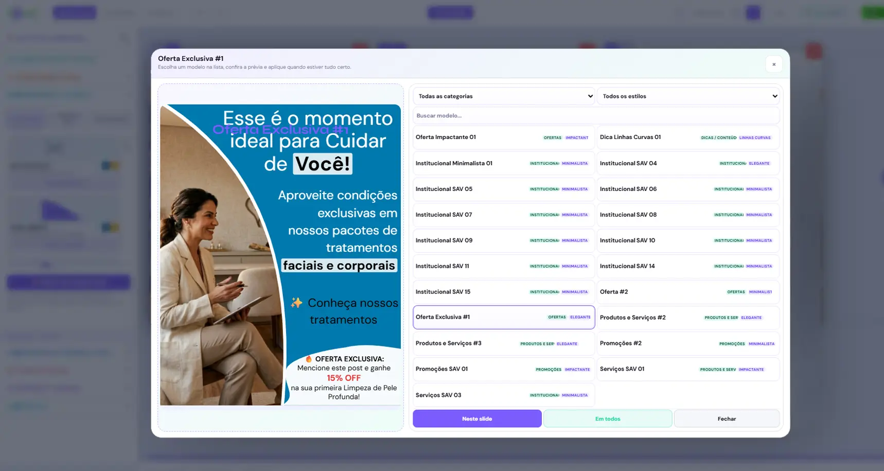 Biblioteca do editor de carrossel do Seu Agente Virtual com posts prontos organizados por categorias e temas