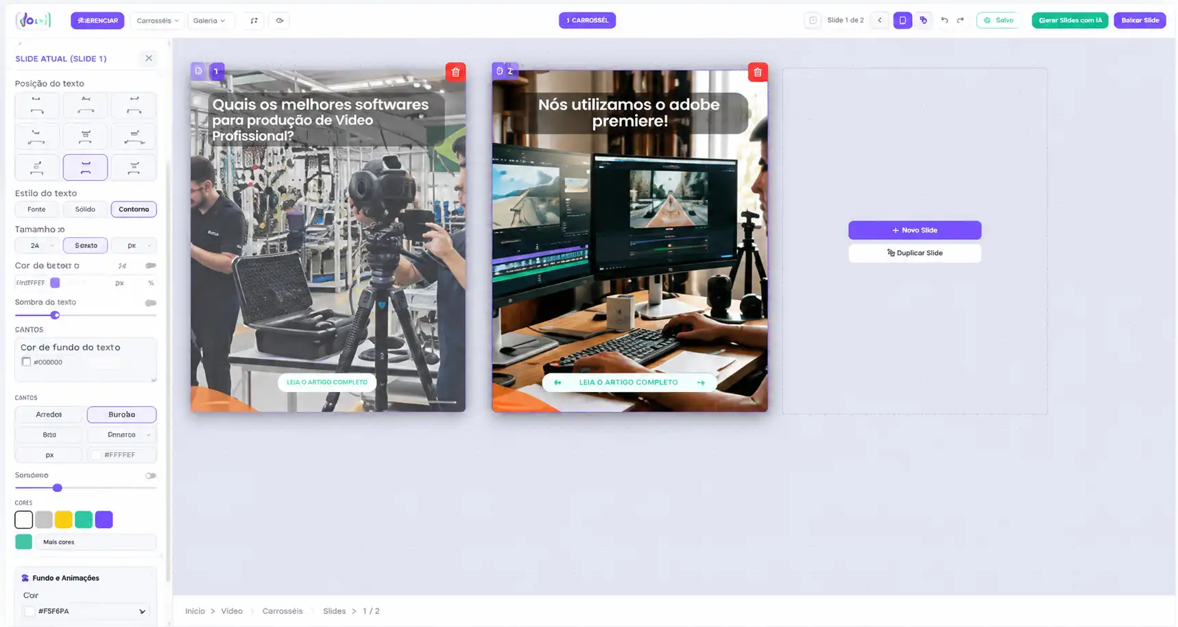 Editor de carrossel do Seu Agente Virtual com slides, textos, fontes, cores e controles de layout
