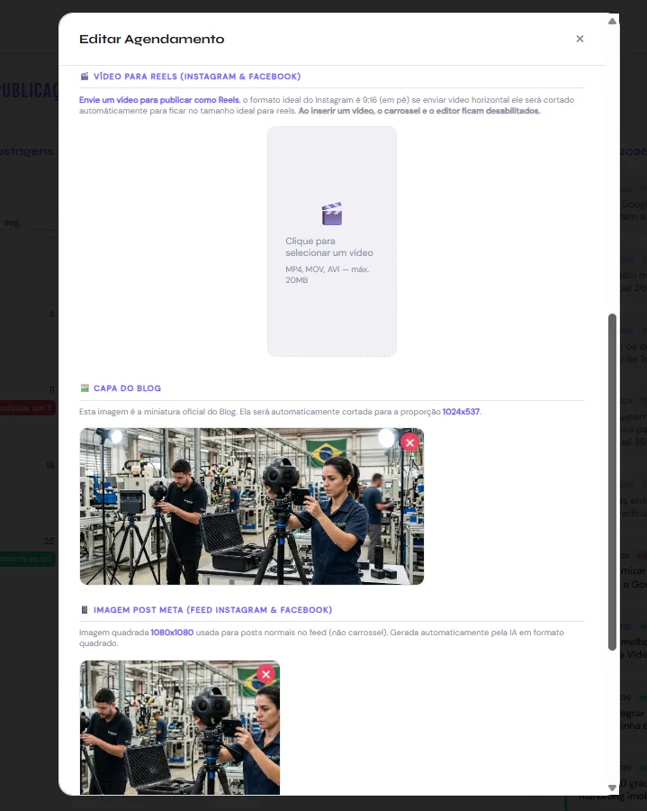 Tela de edição de publicação com upload de vídeo para Reels, capa do blog e imagem de post Meta