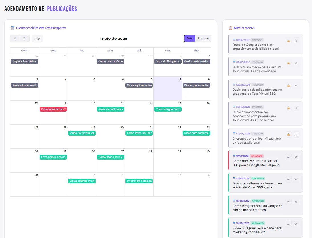 Calendário de postagens do Seu Agente Virtual com publicações mensais agendadas